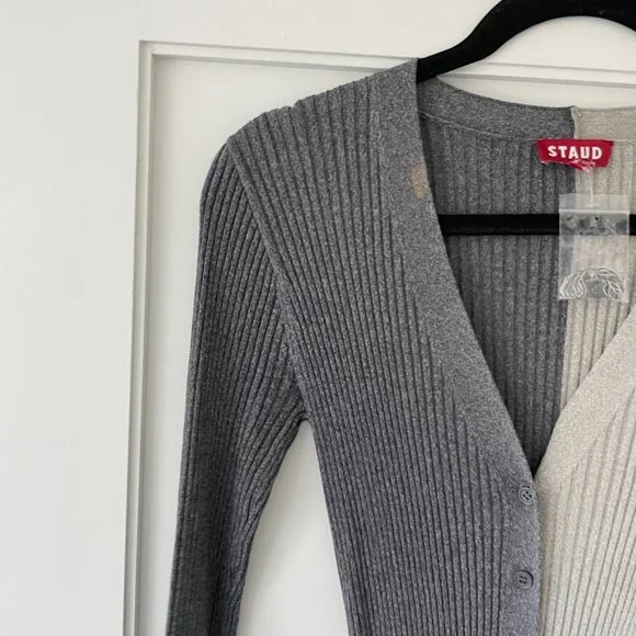Staud Shoko Colorblock Sweater Dress Heather Grey/Charcoal Ribbed Knit V-neck XS